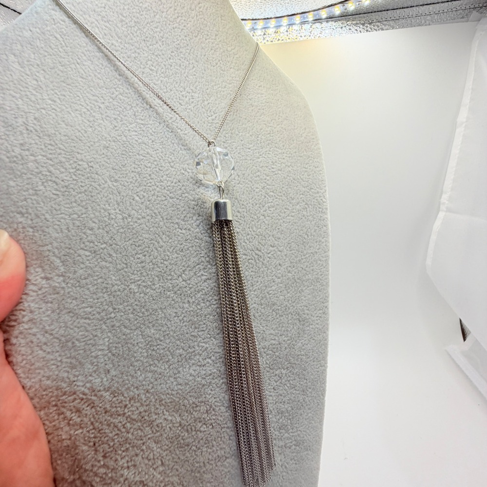 Long Silver Tassel Necklace Clear Crystal Bead 31 Inch Chain Boho Statement